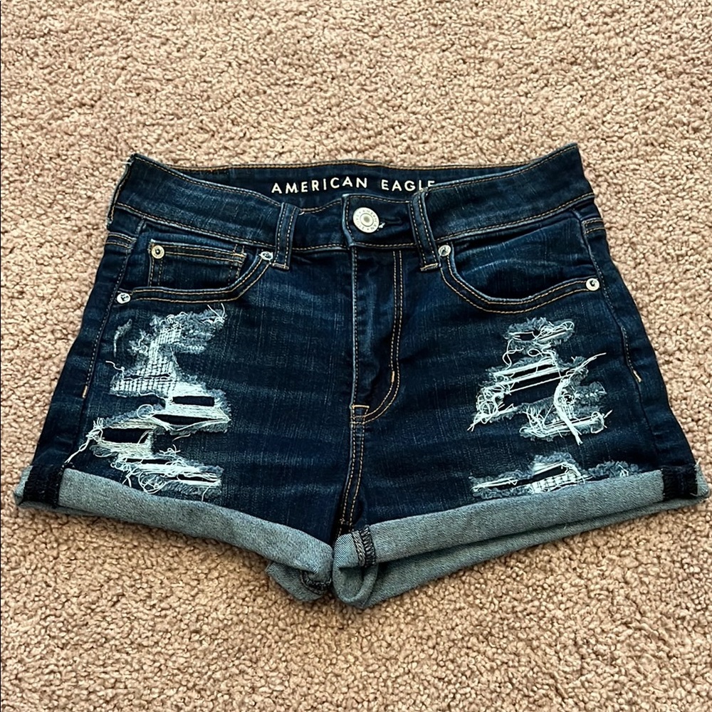 American Eagle Outfitters Hi-Rise Shortie Dark Blue Jean Shorts Distressed Size2